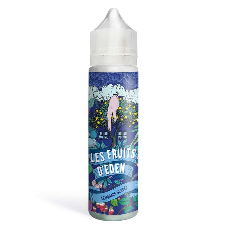 Flacon de 50ml d'e-liquide Lemonade Glacée Les Fruits d'Eden avec étiquette illustrée colorée et bouchon blanc.