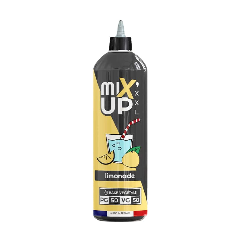 Flacon de 1 litre d'e-liquide Mix'Up Limonade, design noir et jaune avec illustration de verre et citron, base 50/50 végétale.