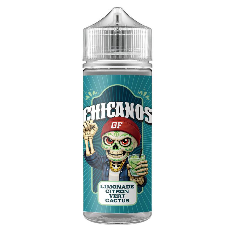 Flacon d'e-liquide Chicanos Limonade Citron Vert Cactus avec illustration de squelette coloré sur fond bleu turquoise.