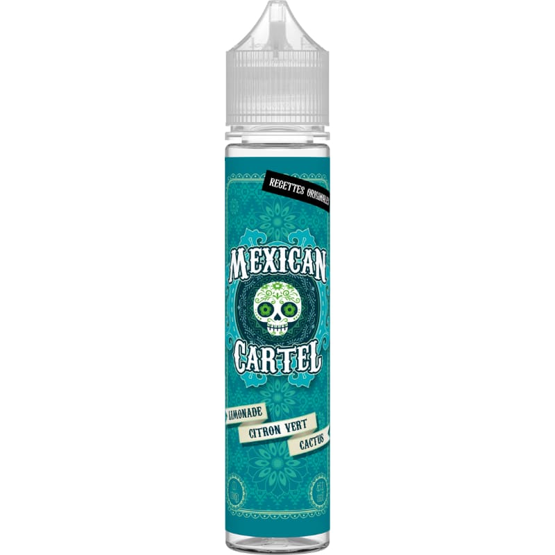 Flacon d'e-liquide Mexican Cartel Limonade Citron Vert Cactus avec étiquette turquoise ornée d'un crâne mexicain stylisé.