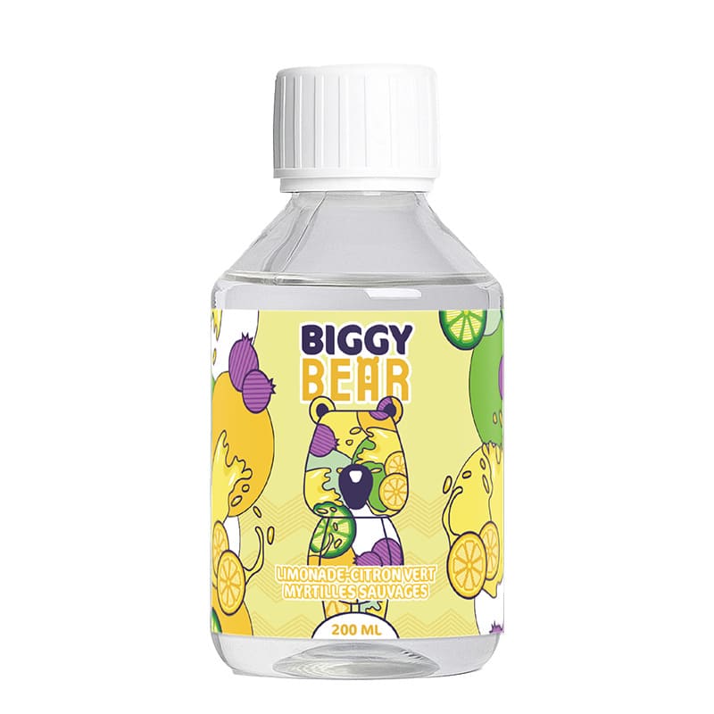 Flacon de 200ml Biggy Bear Limonade Citron Vert et Myrtilles avec étiquette illustrée d'un ours jaune et fruits.