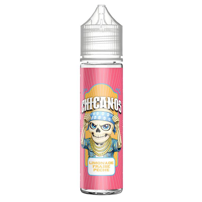 Flacon de 50ml d'e-liquide Chicanos Limonade Fraise Pêche avec étiquette rose illustrée d'un squelette stylisé.