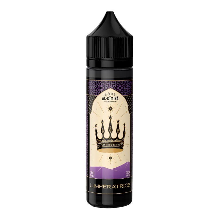 Flacon d'e-liquide Al-Kimiya L'Impératrice 50ml avec étiquette violette et dorée ornée d'une couronne et motifs orientaux.