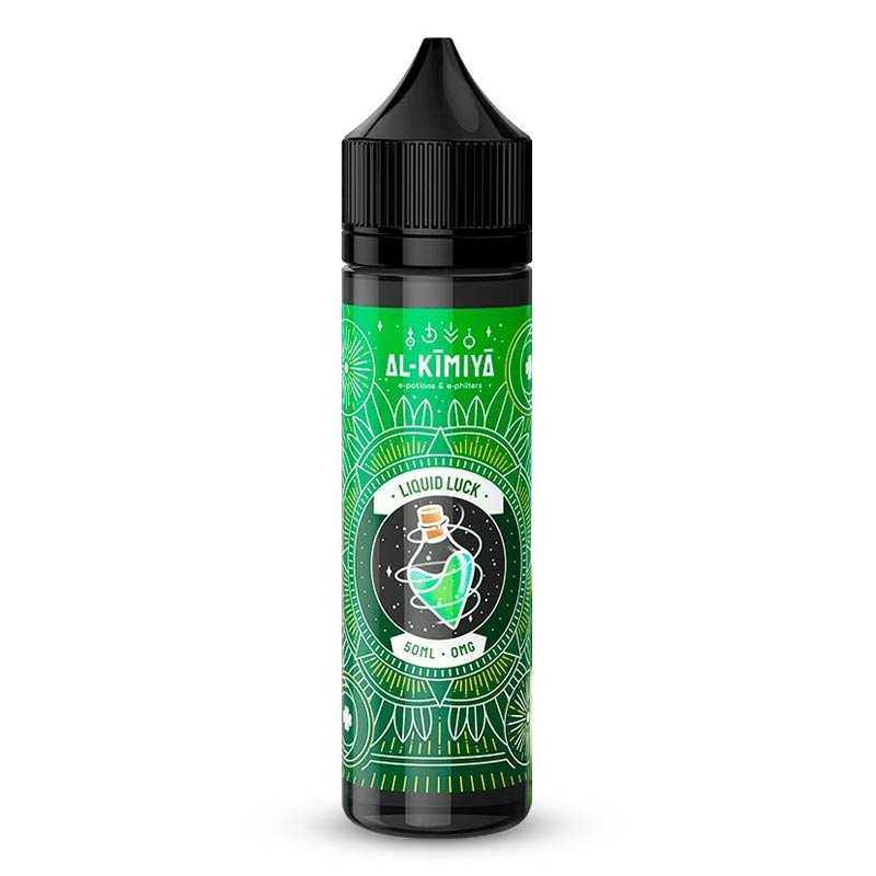 Flacon de 50ml Al-Kimiya Liquid Luck avec étiquette verte ornée de motifs mandalas et d'une fiole magique illustrée.