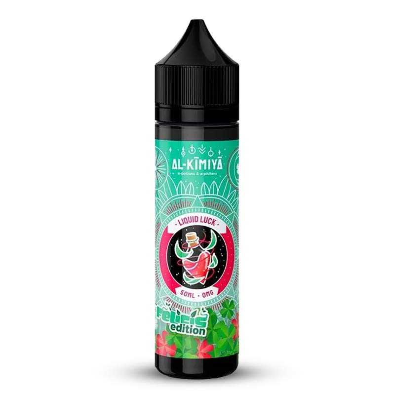 Flacon de 50ml Al-Kimiya Liquid Luck Felicis avec étiquette turquoise ornée de motifs magiques et d'une fiole rouge.