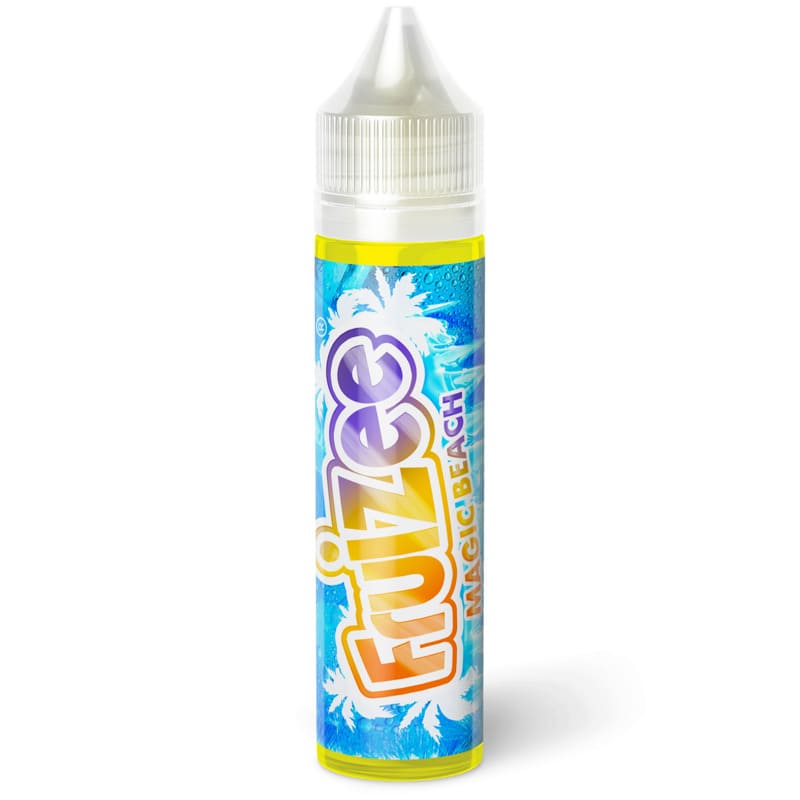 Flacon de 50ml Fruizee Magic Beach avec étiquette bleue tropicale, palmiers blancs et logo orange sur fond blanc.