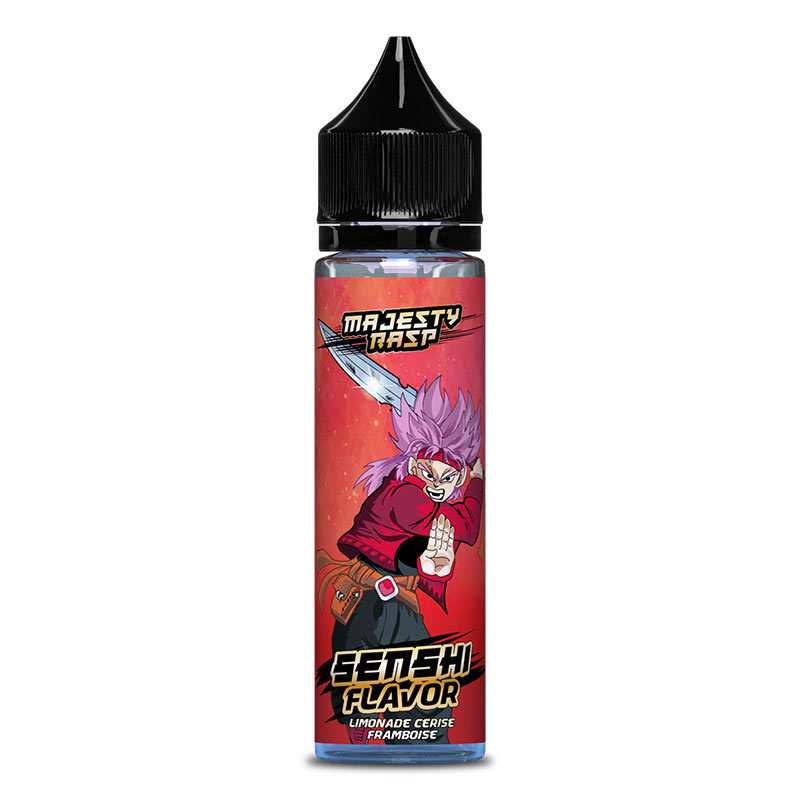 Flacon d'e-liquide Majesty Rasp 50ml Senshi Flavor avec étiquette rouge illustrée d'un personnage manga et bouchon noir.