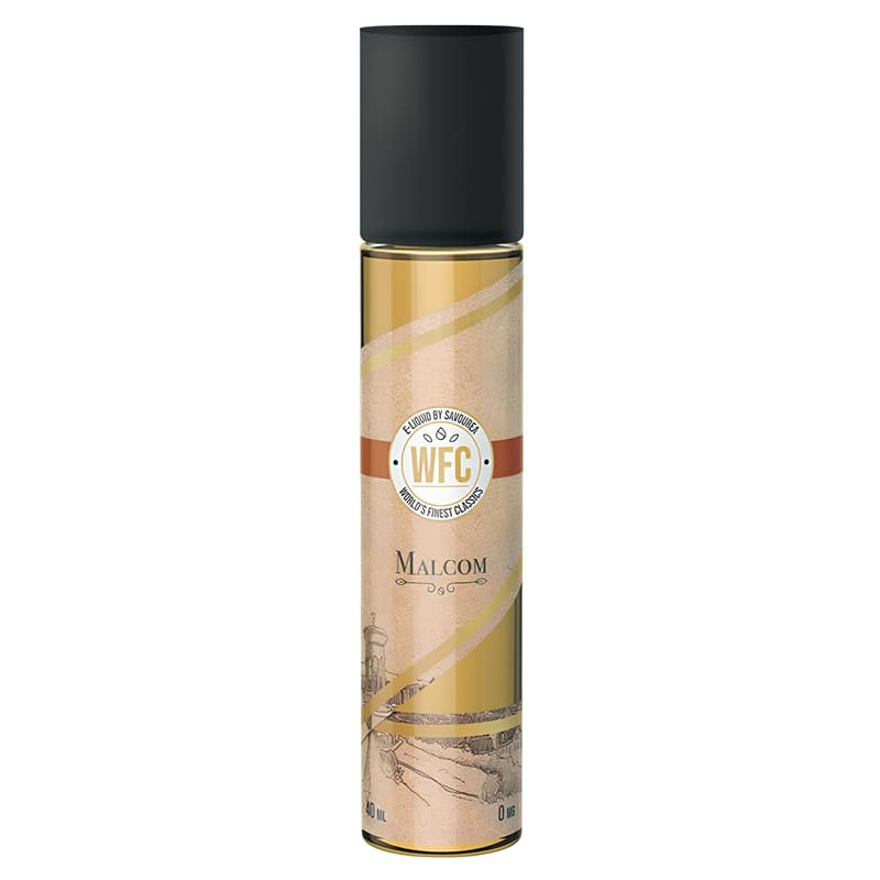 Flacon d'e-liquide Malcom WFC Savourea 40ml avec étiquette beige vintage, bouchon noir et design inspiré du whisky.