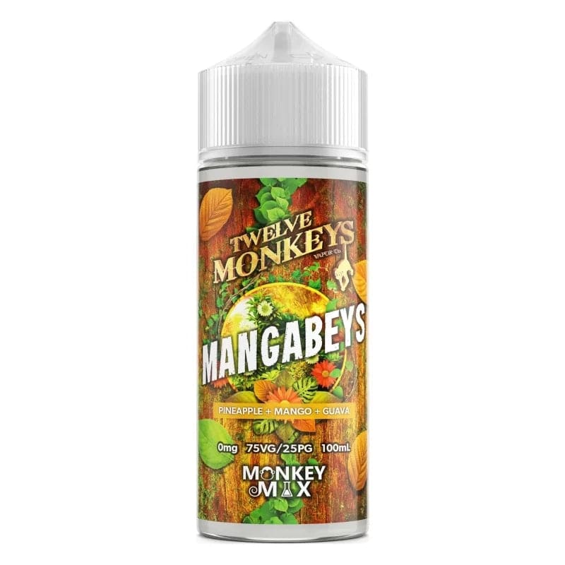 Flacon de e-liquide Twelve Monkeys Mangabeys 100ml avec étiquette tropicale illustrée de mangue, goyave et ananas.