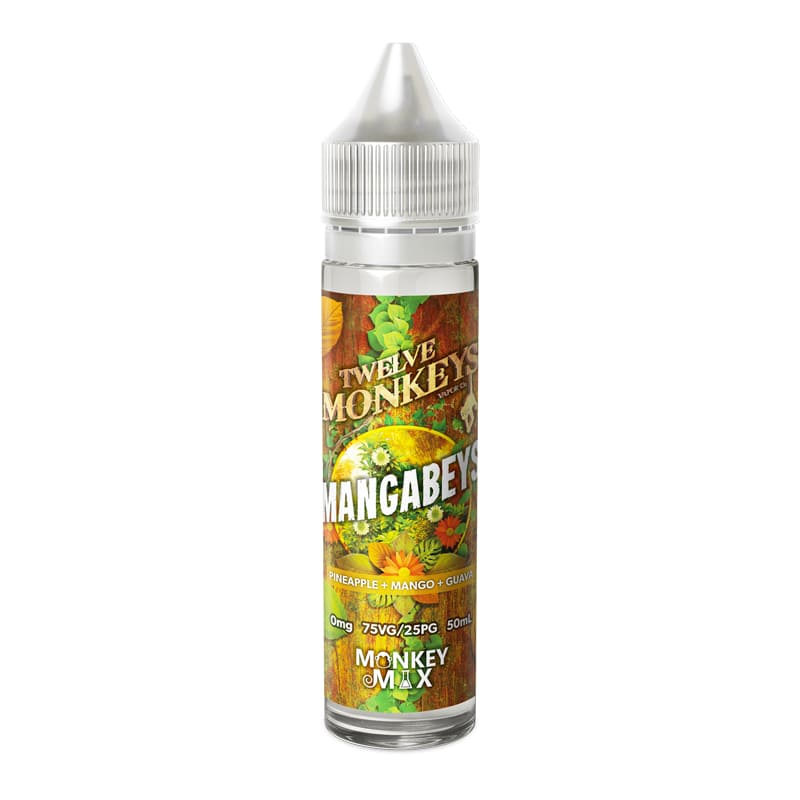 Flacon de e-liquide Twelve Monkeys Mangabeys 50ml avec étiquette tropicale illustrée de mangue, goyave et ananas.