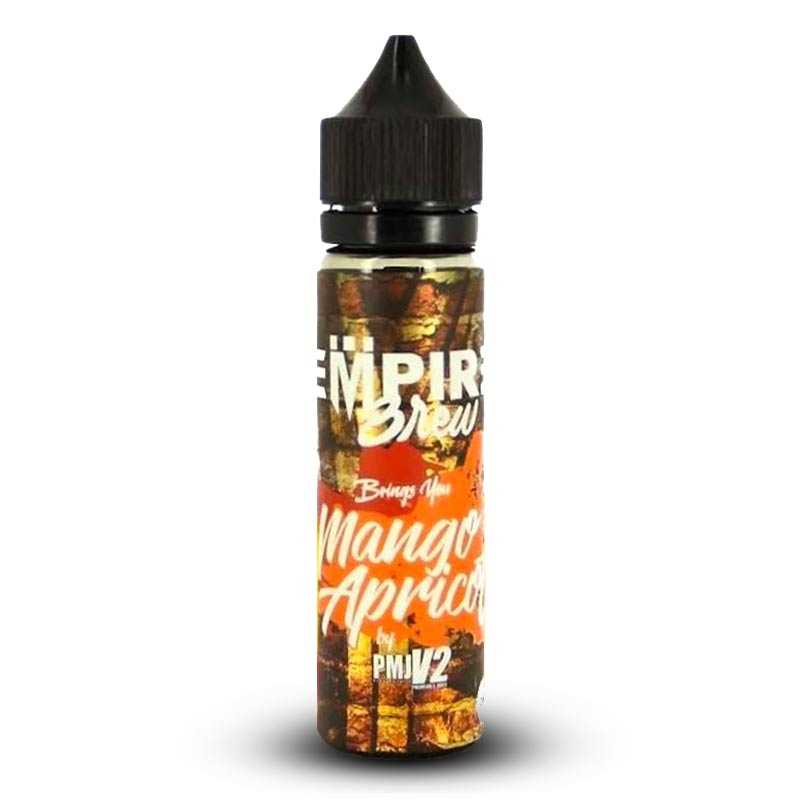 Flacon de 50ml Empire Brew Mango Apricot avec étiquette orange et noire, bouchon noir, sur fond blanc.