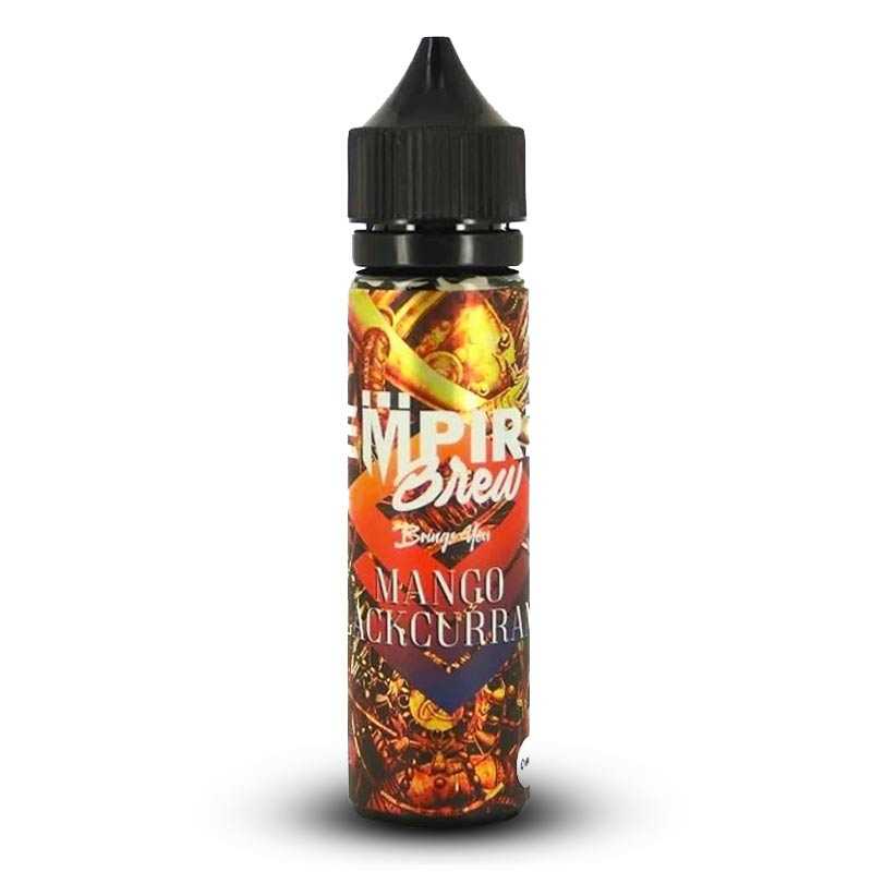 Flacon 50ml Empire Brew Mango Blackcurrant avec étiquette colorée illustrée et bouchon noir sur fond blanc.