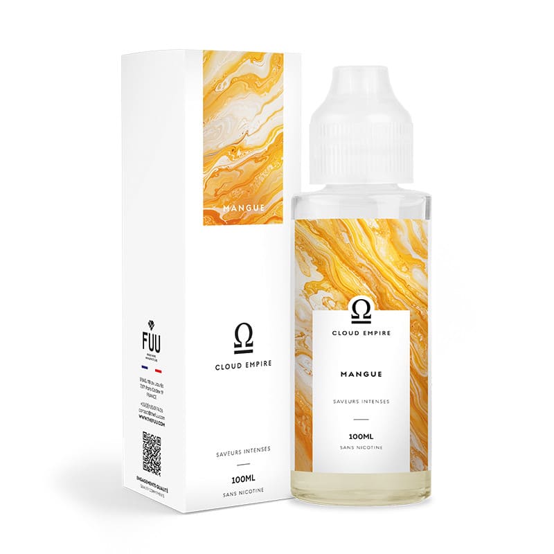 Flacon de 100ml et boîte blanche de e-liquide Cloud Empire Mangue par FUU avec étiquette aux motifs marbrés orange et jaune.