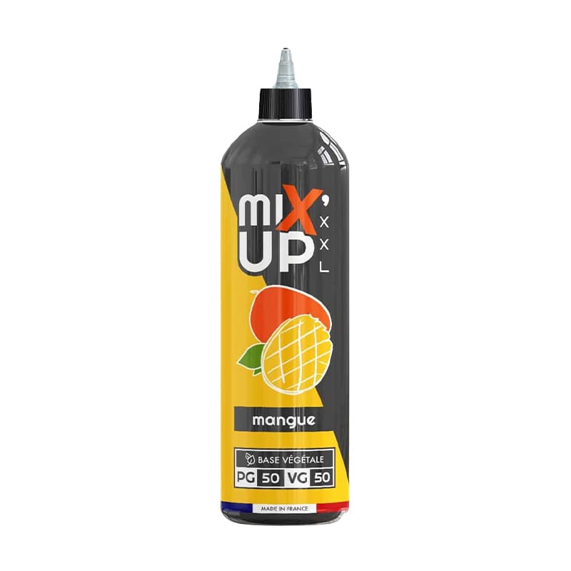 Flacon d'e-liquide Mix'Up XXL Mangue 1 litre avec étiquette jaune et noire, base 50/50 PG/VG, fabriqué en France.