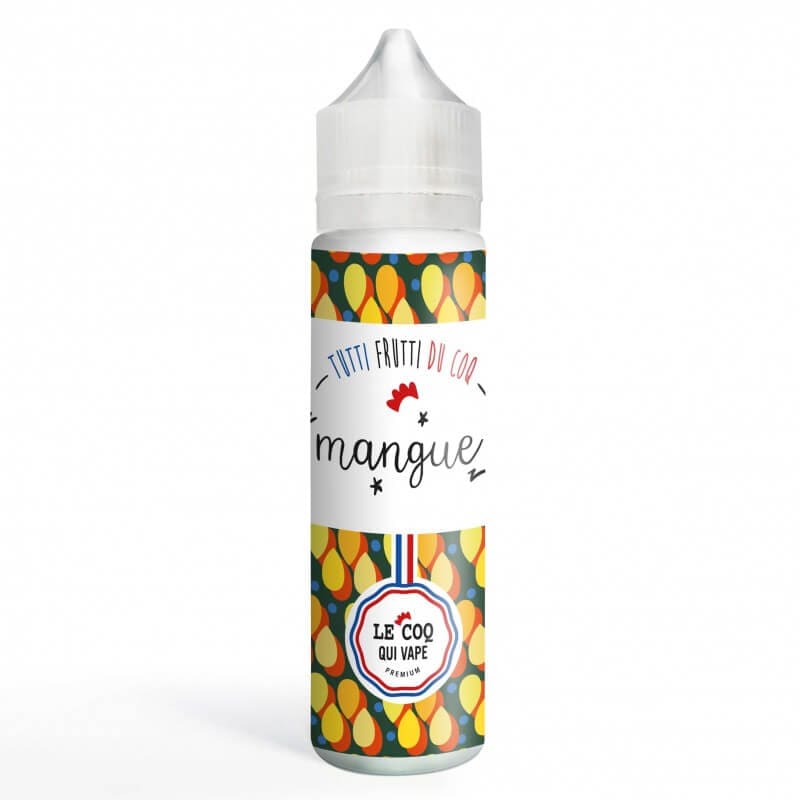 Flacon de 50ml d'e-liquide Mangue Le Coq Qui Vape avec étiquette colorée à motifs de fruits sur fond blanc.