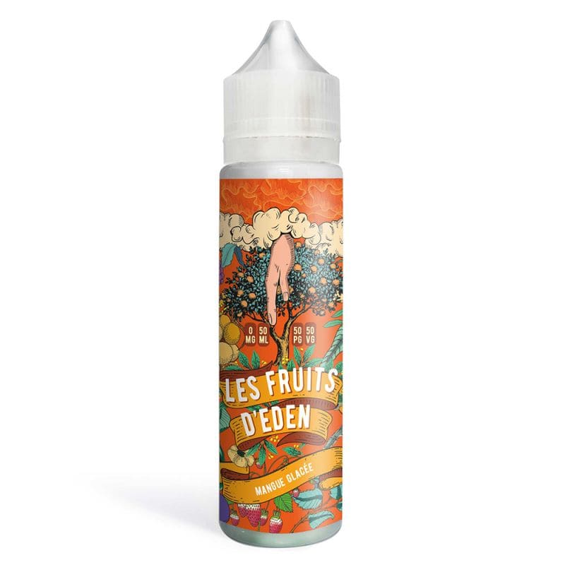 Flacon d'e-liquide 50ml Les Fruits d'Eden Mangue Glacée avec étiquette illustrée colorée et bouchon blanc.