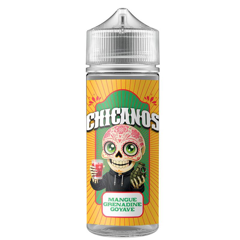 Flacon d'e-liquide Chicanos Mangue Grenadine Goyave avec étiquette colorée illustrée d'un crâne mexicain sur fond jaune.