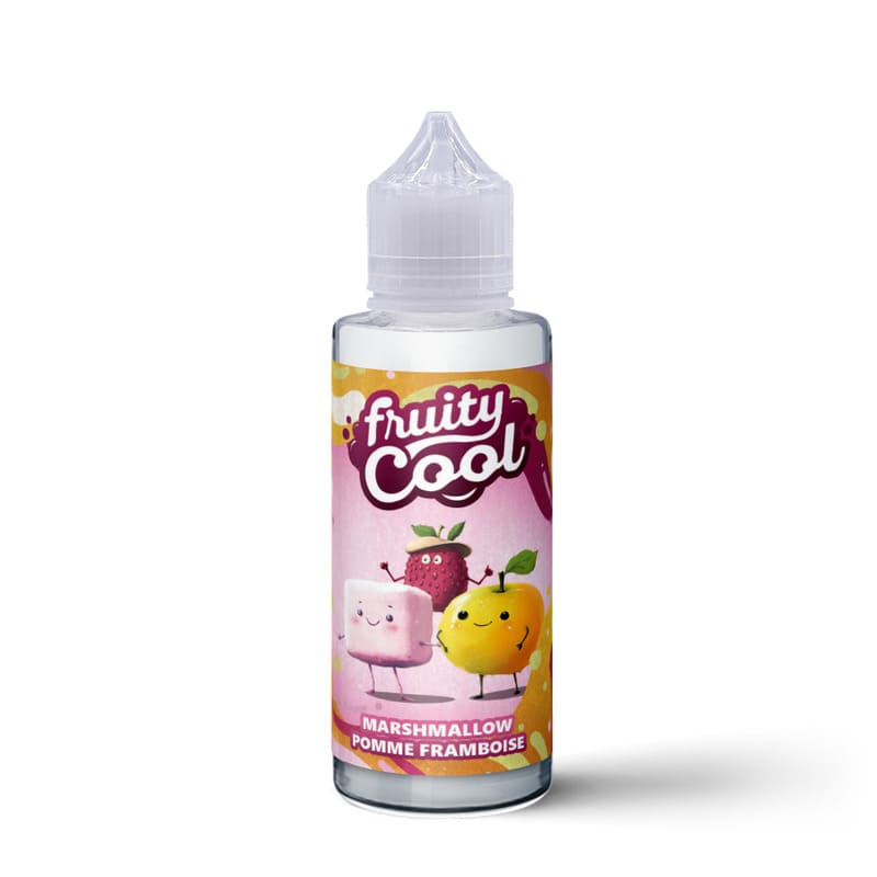 Flacon de 100ml d'e-liquide Fruity Cool Marshmallow Pomme Framboise avec étiquette rose illustrée de personnages fruités.