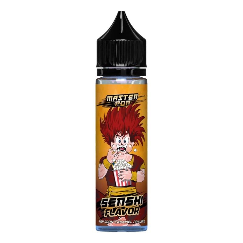 Flacon d'e-liquide Master Pop 50ml Senshi Flavor avec étiquette illustrée style manga sur fond orange.