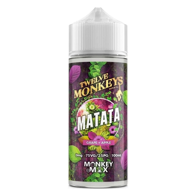 Flacon de e-liquide Twelve Monkeys Matata 100ml avec étiquette illustrée de raisins et pommes sur fond végétal.