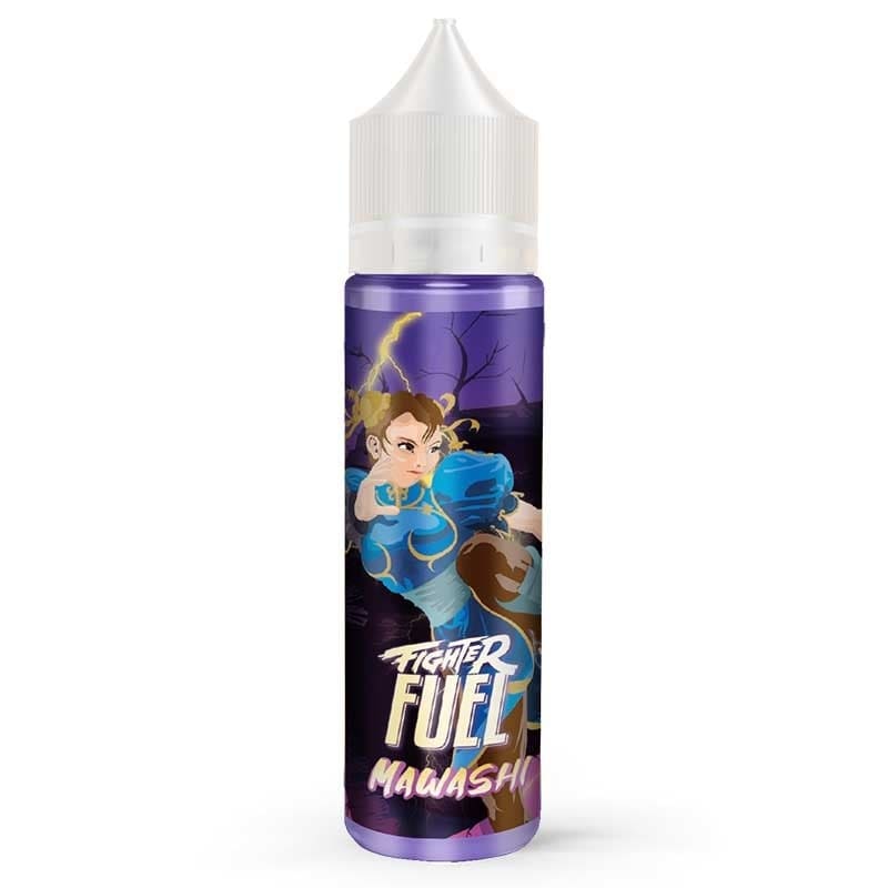Flacon de e-liquide Fighter Fuel Mawashi avec illustration de combattante sur fond violet et bouchon blanc.