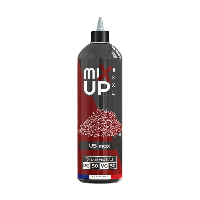Flacon d'e-liquide Mix'up XXL US Max 1 litre, design noir et rouge avec illustration de tabac, ratio 50/50 PGV/VG.