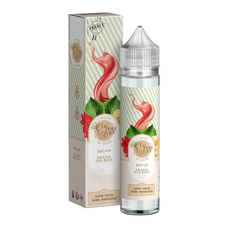 Flacon de 50ml et boîte d'e-liquide Le Petit Verger Melon Fraise des bois avec étiquette illustrée de fruits et feuilles.
