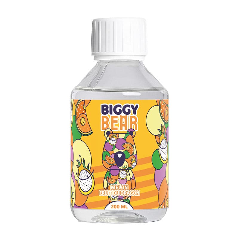 Flacon de 200ml d'e-liquide Biggy Bear Melon Fruit du Dragon avec étiquette jaune illustrée d'un ours et de fruits.