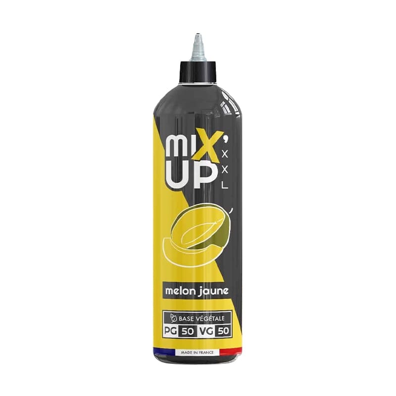 Flacon de 1 litre d'e-liquide Mix'Up XXL saveur melon jaune avec étiquette jaune et noire, base végétale 50/50 PG/VG.