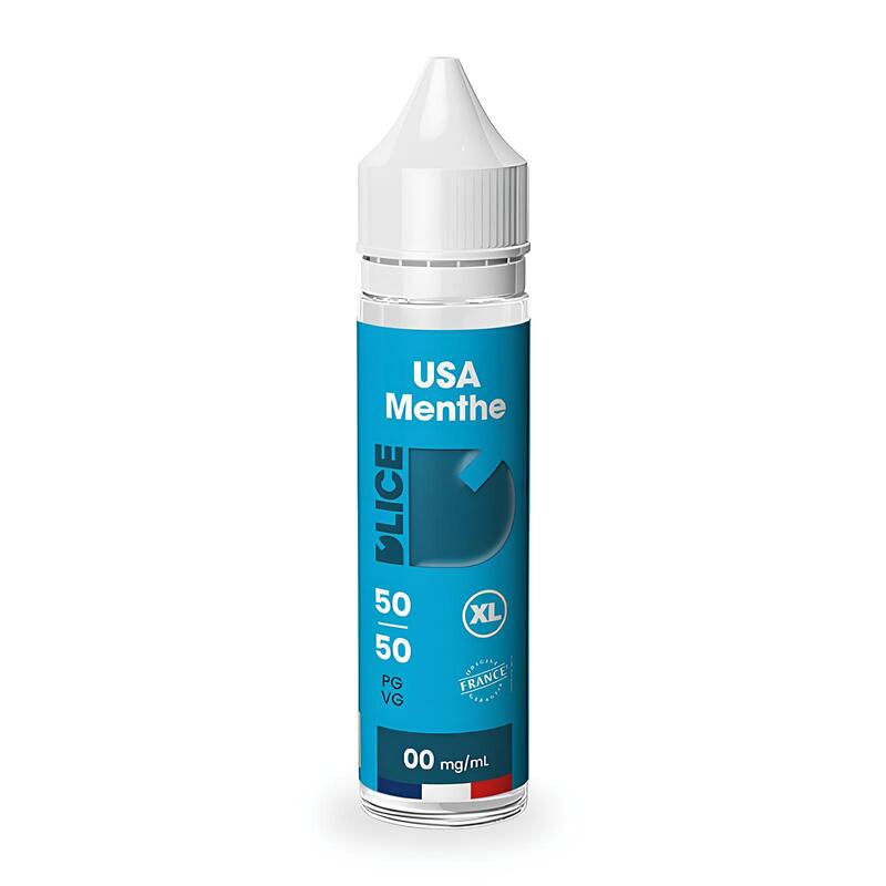 Flacon d'e-liquide D'lice USA Menthe 50ml avec étiquette bleue, bouchon blanc et indication 50/50 PG/VG sur fond blanc.