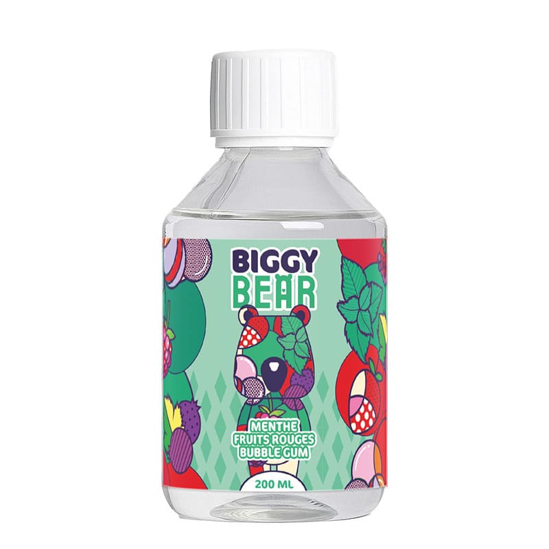 Flacon d'e-liquide Biggy Bear 200ml avec étiquette colorée illustrant un ours entouré de fruits rouges et de menthe.