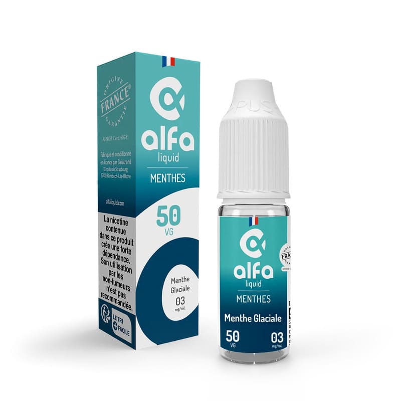 Flacon de 10ml d'e-liquide Alfaliquid Menthe Glaciale avec sa boîte turquoise et blanche, taux de nicotine 3mg et 50/50 PG/VG.