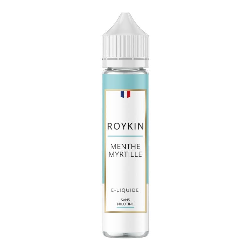 Flacon d'e-liquide Roykin Menthe Myrtille 50ml avec étiquette bleue et blanche sur fond blanc.