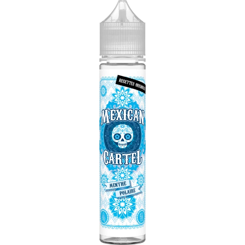 Flacon d'e-liquide Mexican Cartel Menthe Polaire avec étiquette bleue ornée d'un crùne style calavera et motifs floraux.