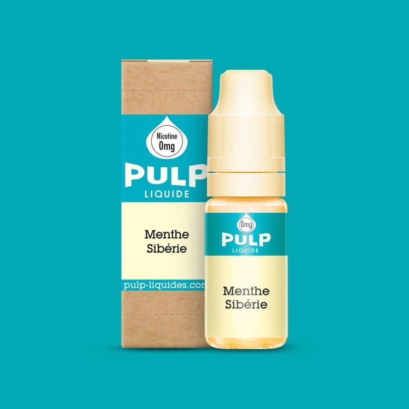 Flacon d'e-liquide PULP Menthe Sibérie 10ml avec sa boîte en carton kraft et étiquette bleu turquoise sur fond uni.