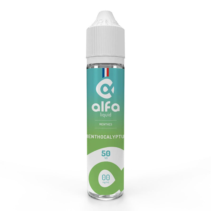 Flacon de 50ml d'e-liquide Alfaliquid Menthocalyptus avec étiquette dégradé bleu et vert sur fond blanc.