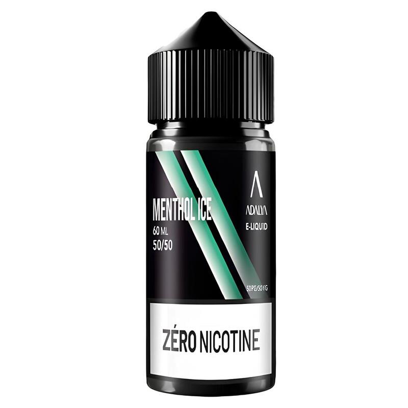 Flacon d'e-liquide Adalya Menthol Ice 60ml noir avec étiquette verte et blanche, bouchon noir, format 0mg nicotine.