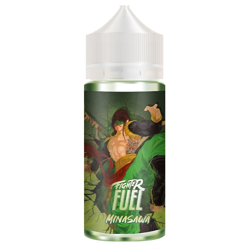 Flacon de e-liquide Fighter Fuel Minasawa avec étiquette illustrée d'un guerrier manga sur fond vert cactus.