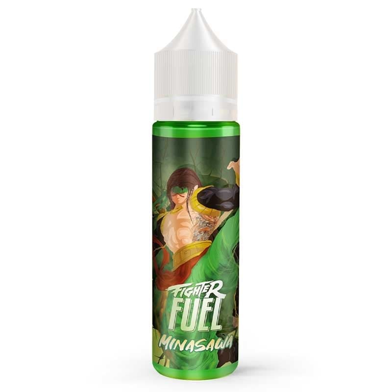 Flacon d'e-liquide Fighter Fuel Minasawa avec étiquette illustrée style manga, bouchon blanc et liquide vert vif.