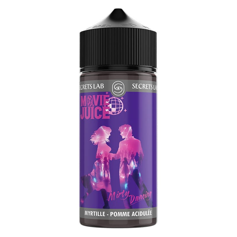 Flacon de 100ml Mirty Dancing Secret's Lab avec étiquette violette illustrée d'un couple dansant et logo Movie Juice.