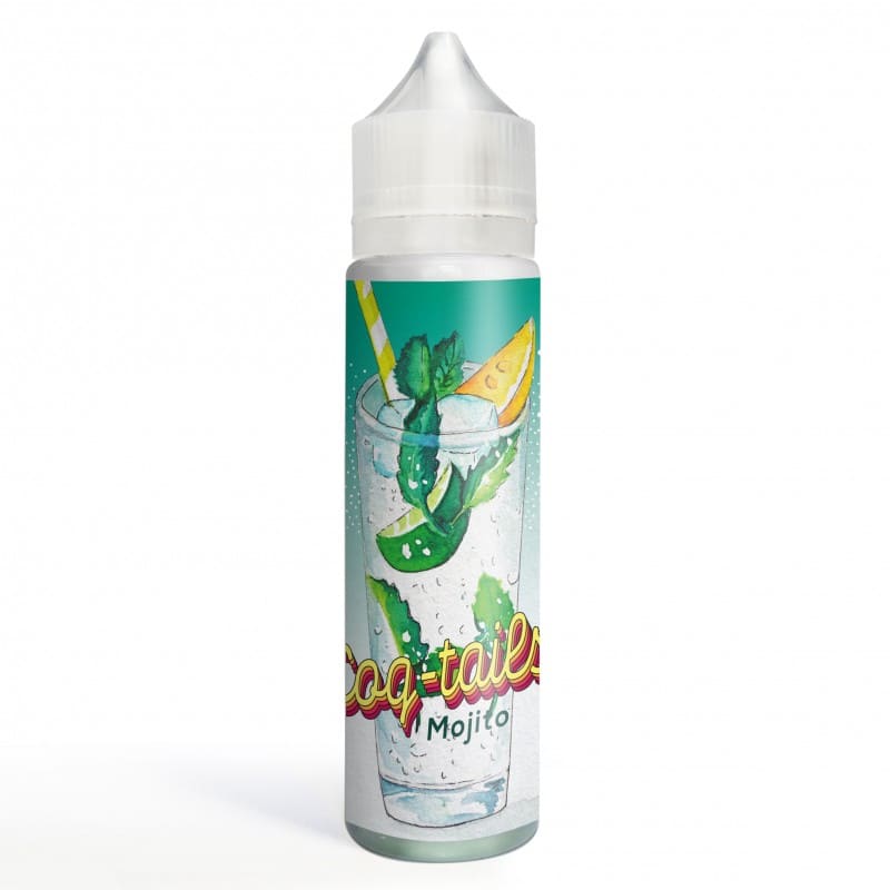Flacon de 50ml d'e-liquide Coq-tails Mojito avec étiquette illustrée d'un cocktail menthe et citron vert sur fond blanc.