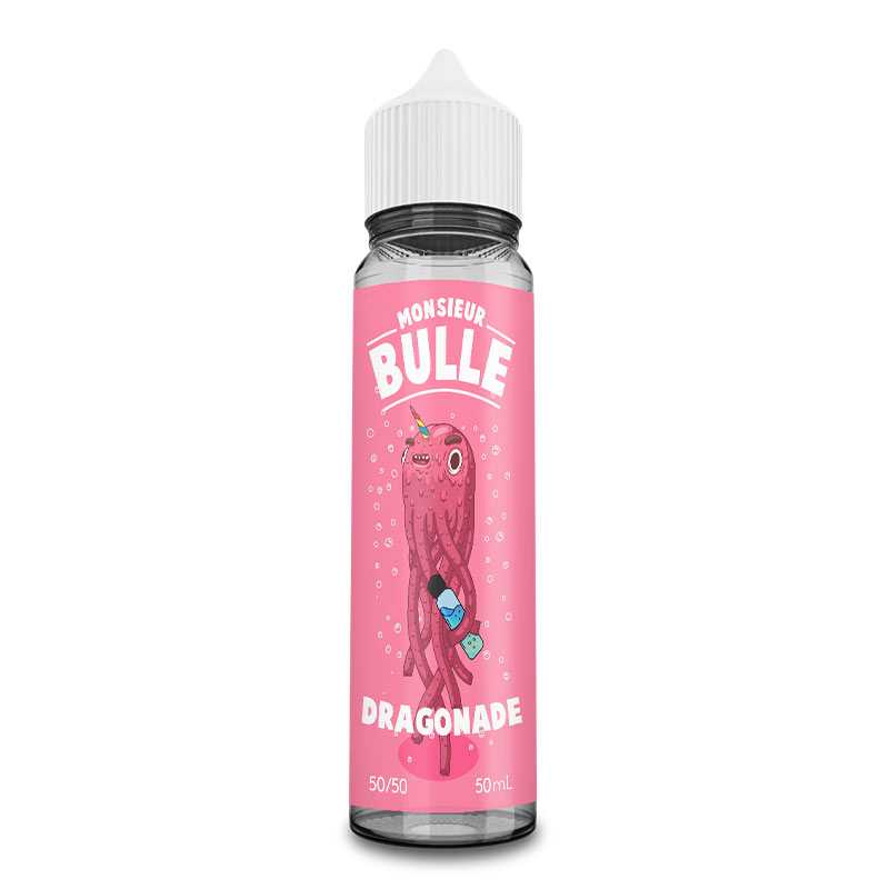 Flacon d'e-liquide Monsieur Bulle Dragonade 50ml avec étiquette rose illustrée d'un personnage fantastique et bouchon blanc.