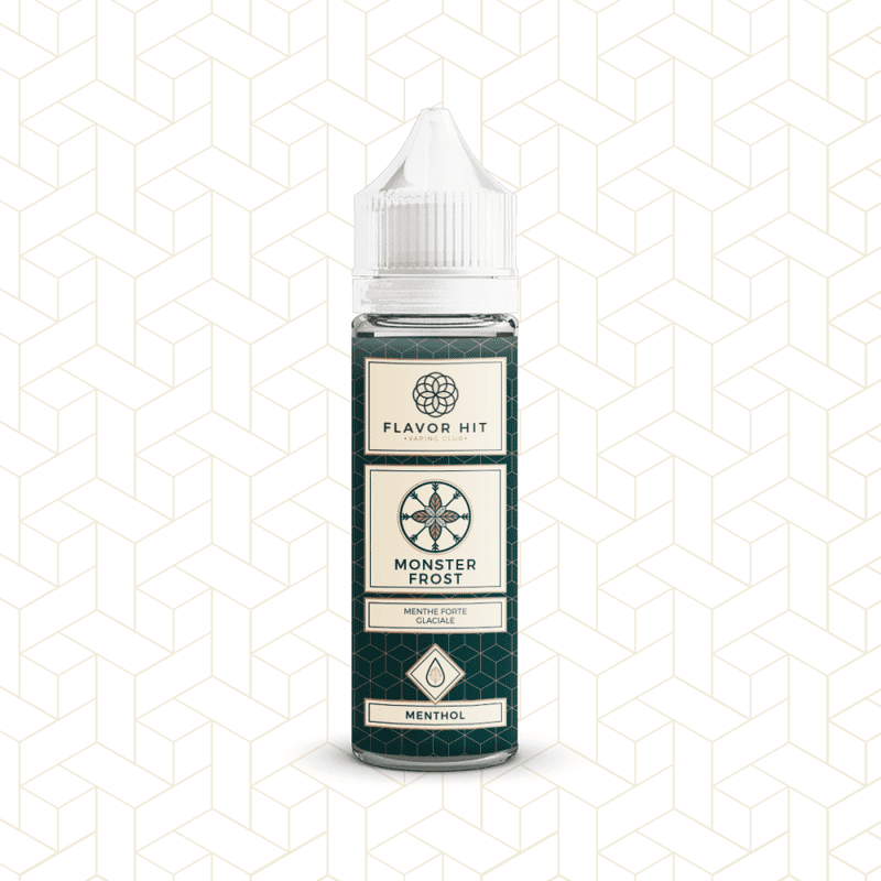 Flacon de 50ml Monster Frost Flavor Hit, e-liquide mentholé dans une bouteille transparente avec étiquette noire géométrique.