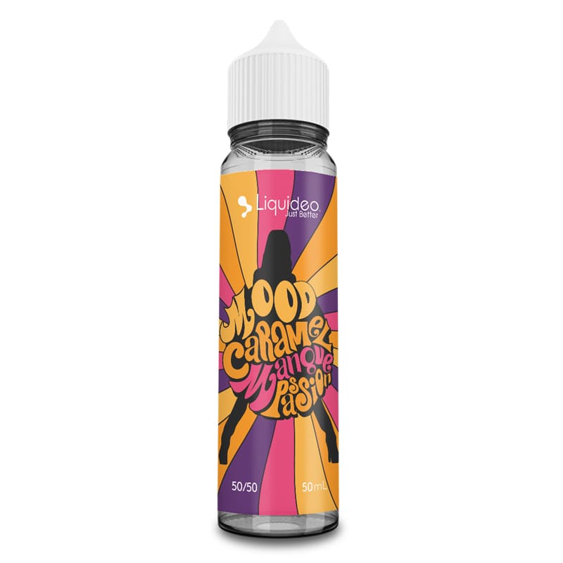 Flacon d'e-liquide Liquideo Mood 50ml avec étiquette colorée style rétro, saveur caramel, mangue et fruit de la passion.