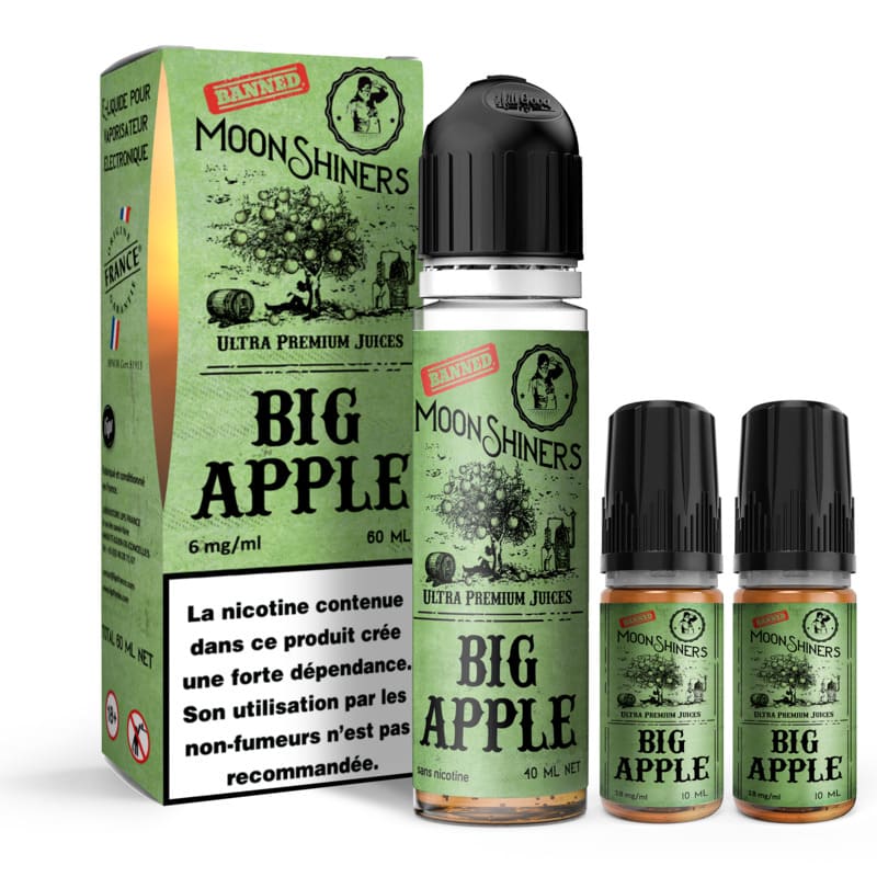 Kit e-liquide Moonshiners Big Apple avec flacon 60ml, deux boosters de nicotine et boîte cartonnée verte vintage.