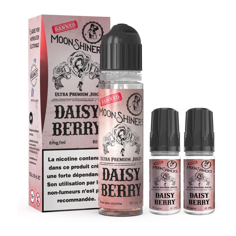 Kit e-liquide Moonshiners Daisy Berry 60ml avec boîte rose, flacon principal et deux boosters de nicotine.