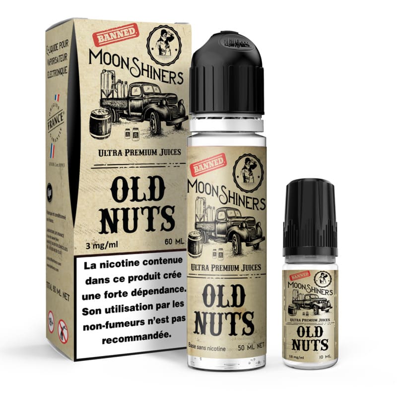 Kit e-liquide Moonshiners Old Nuts 60ml avec boîte en carton, flacon 50ml et booster de nicotine, design vintage rétro.