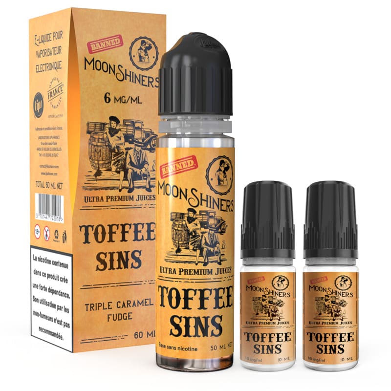 Flacon d'e-liquide Moonshiners Toffee Sins 60ml avec sa boîte en carton beige et deux boosters de nicotine 10ml.