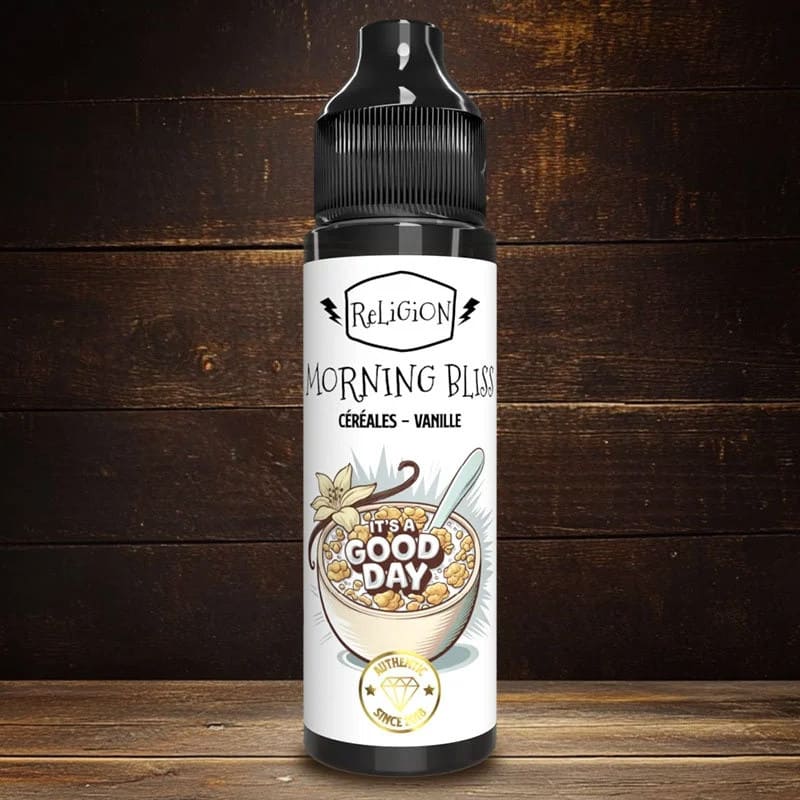 Flacon de 50ml d'e-liquide Morning Bliss Religion Juice avec étiquette illustrée d'un bol de céréales et vanille.
