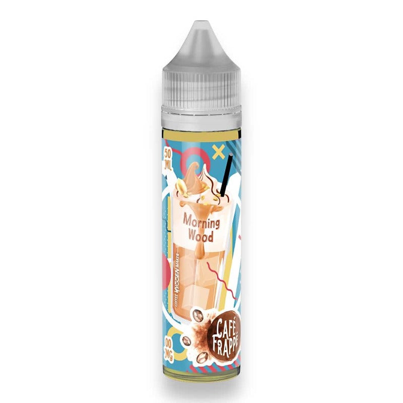 Flacon de 50ml d'e-liquide Morning Wood Vape Institut avec étiquette colorée illustrant un café frappé gourmand.
